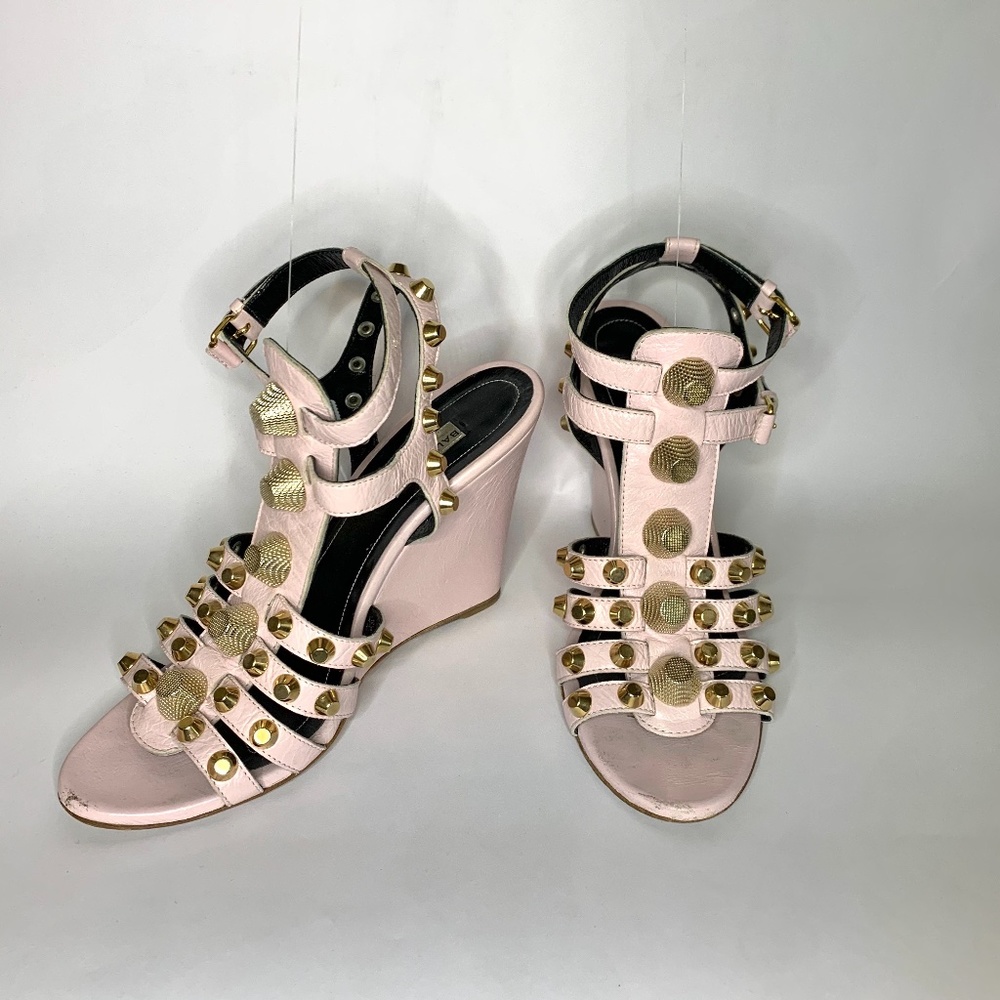 Balenciaga Pink Leather Studded Wedge Sandals